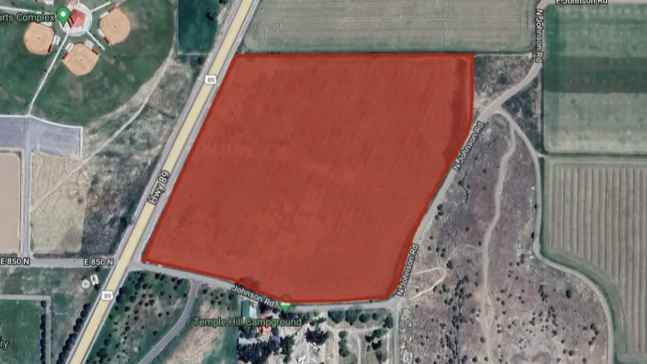 Photo from Google Earth showing Manti Temple View Estates from above. A red shape outlines the exact area the subdivision occupies.